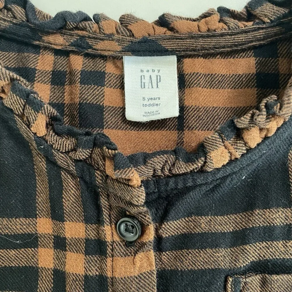 Gap Kids Girls 5Y Flannel Shirt Dress Black Brown Plaid Fall Button Up Soft